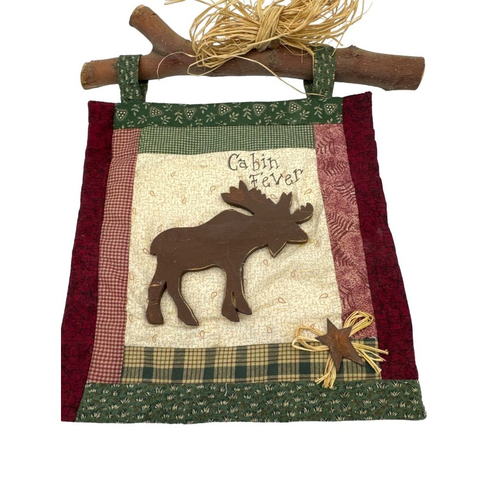 Woodland Rustic Log Cabin Fabric and Wood Wall Hanging Moose Cabin Fever